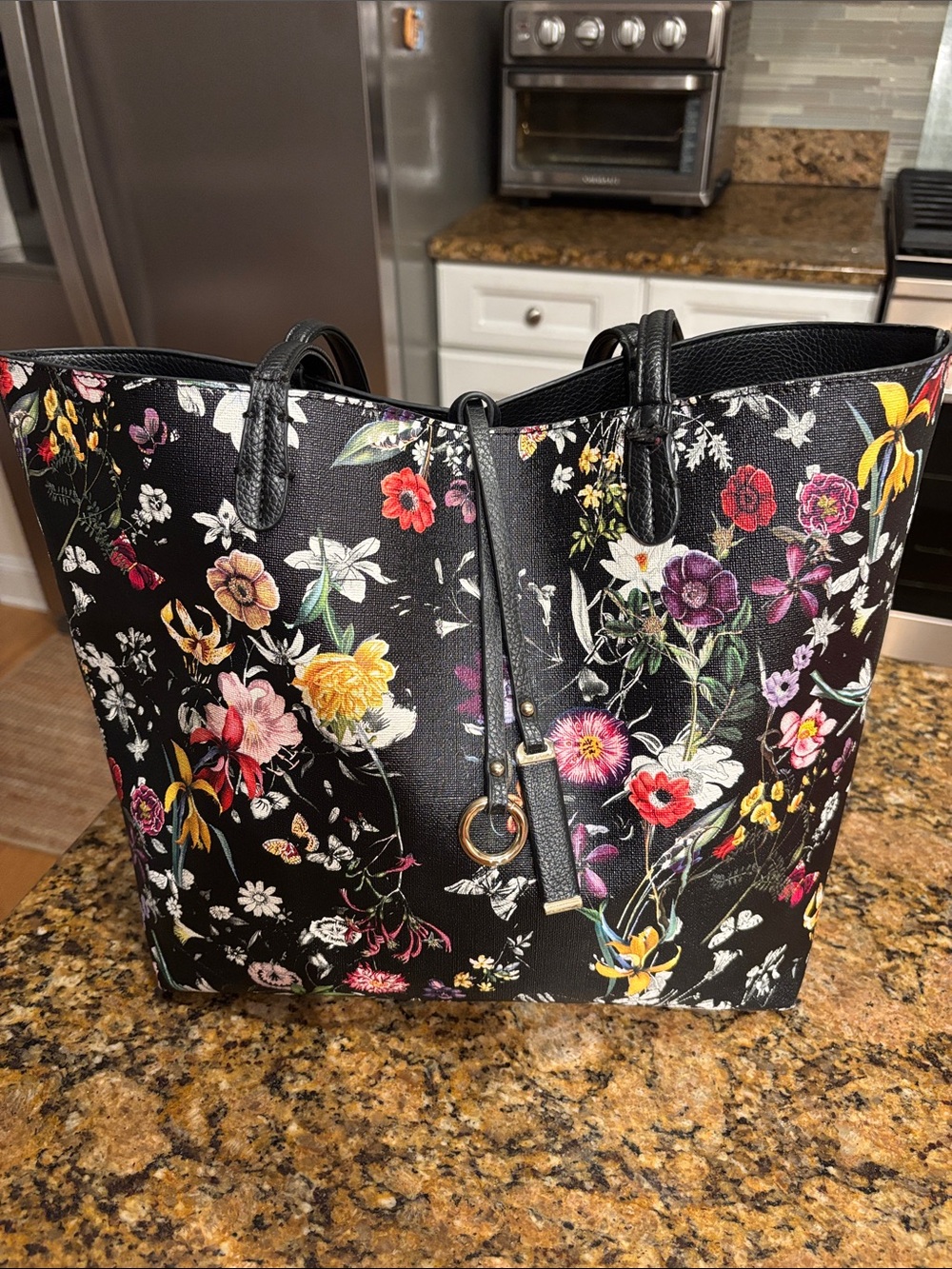 Black Floral Tote Bag with Multicolor Blooms